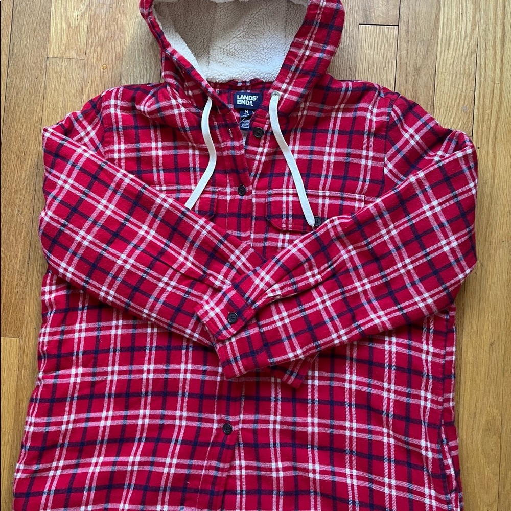 Land’s End Flannel Sherpa hood button down jacket red with white & blue plaid